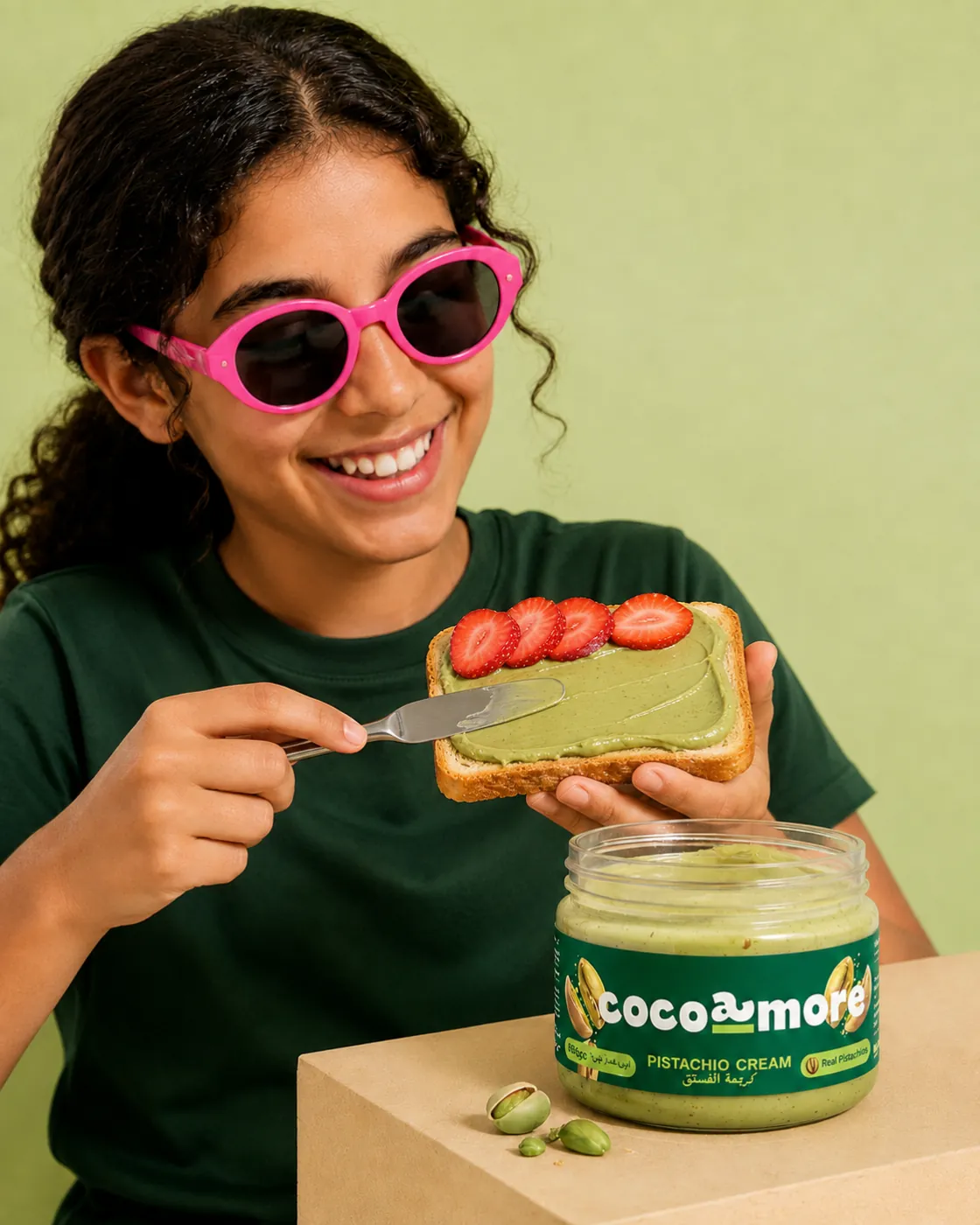 A girl in pink sunglasses spreading Pistachio Cream on toast