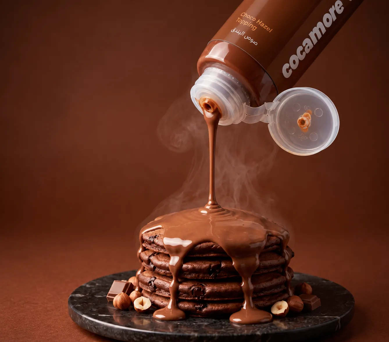 Choco Hazel topping poured over a stack of pancakes