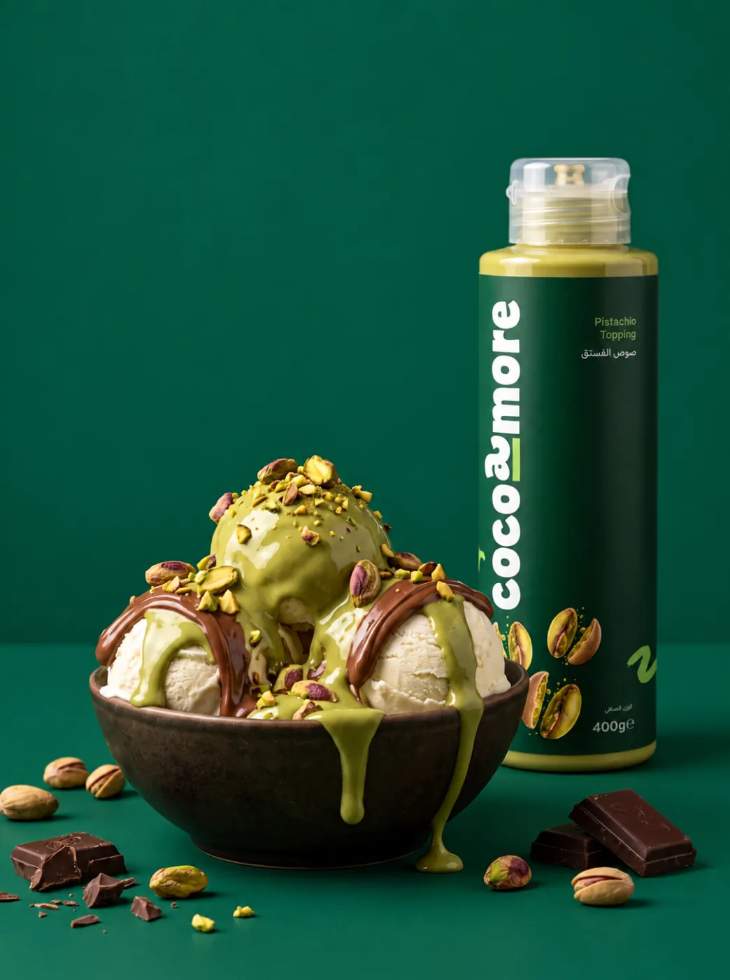 Pistachio topping over ice cream with the Cocoamore pistachio bottle